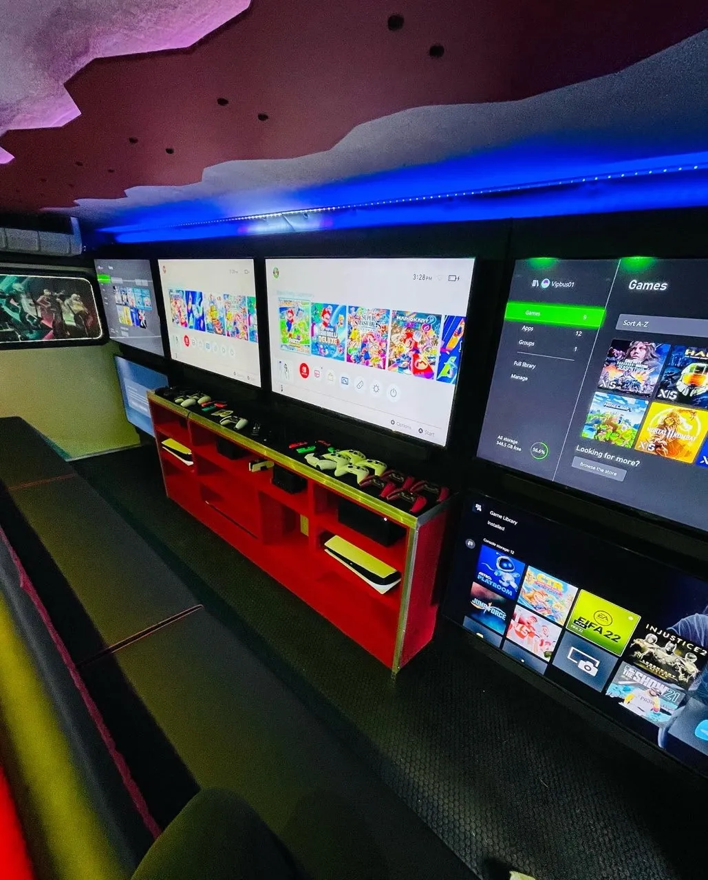 Game truck interior gaming stations